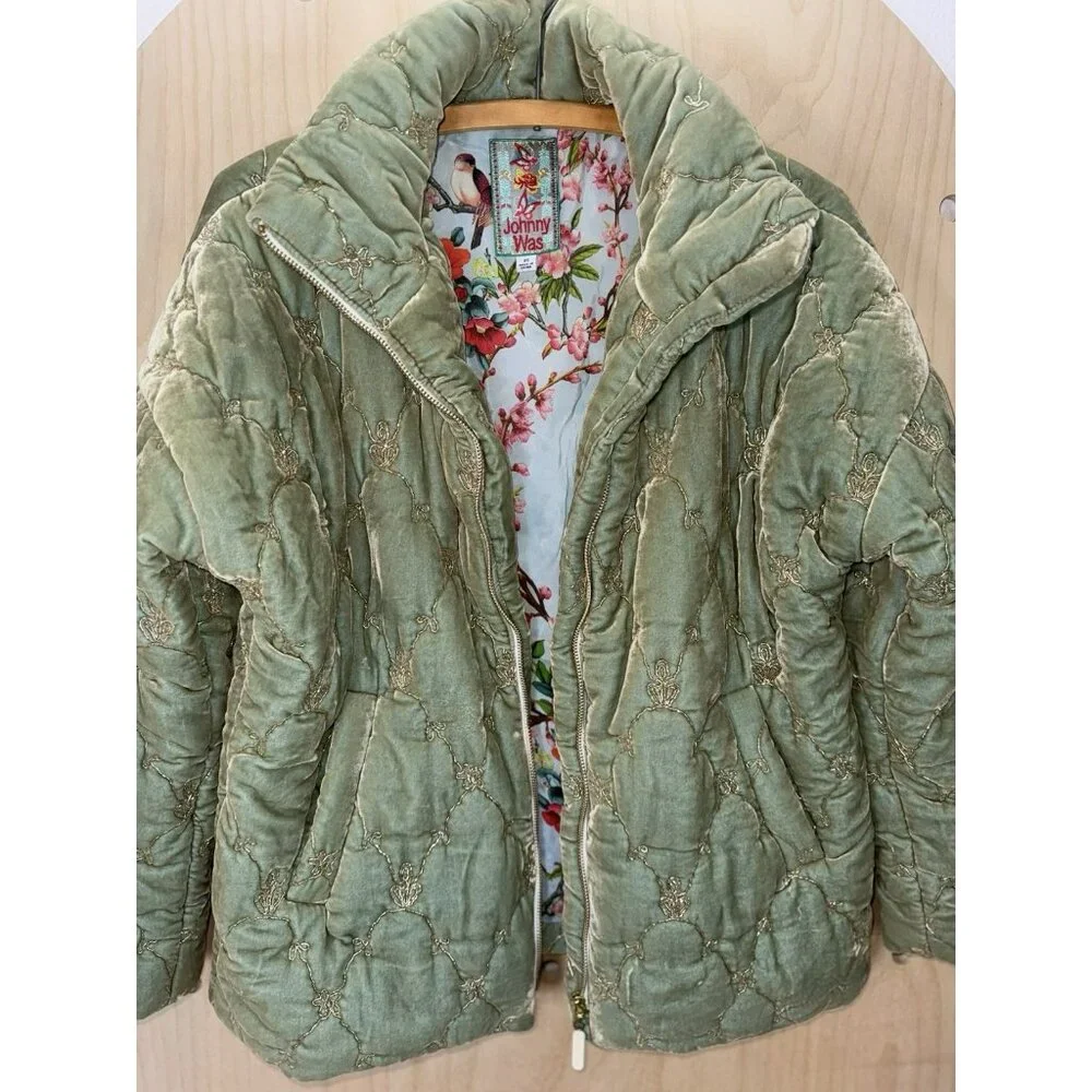 EUC Johnny Was Zaelia Lux Quilted Velvet Puffer Mint Green Coat Gold Trim XS/S - Picture 14 of 16